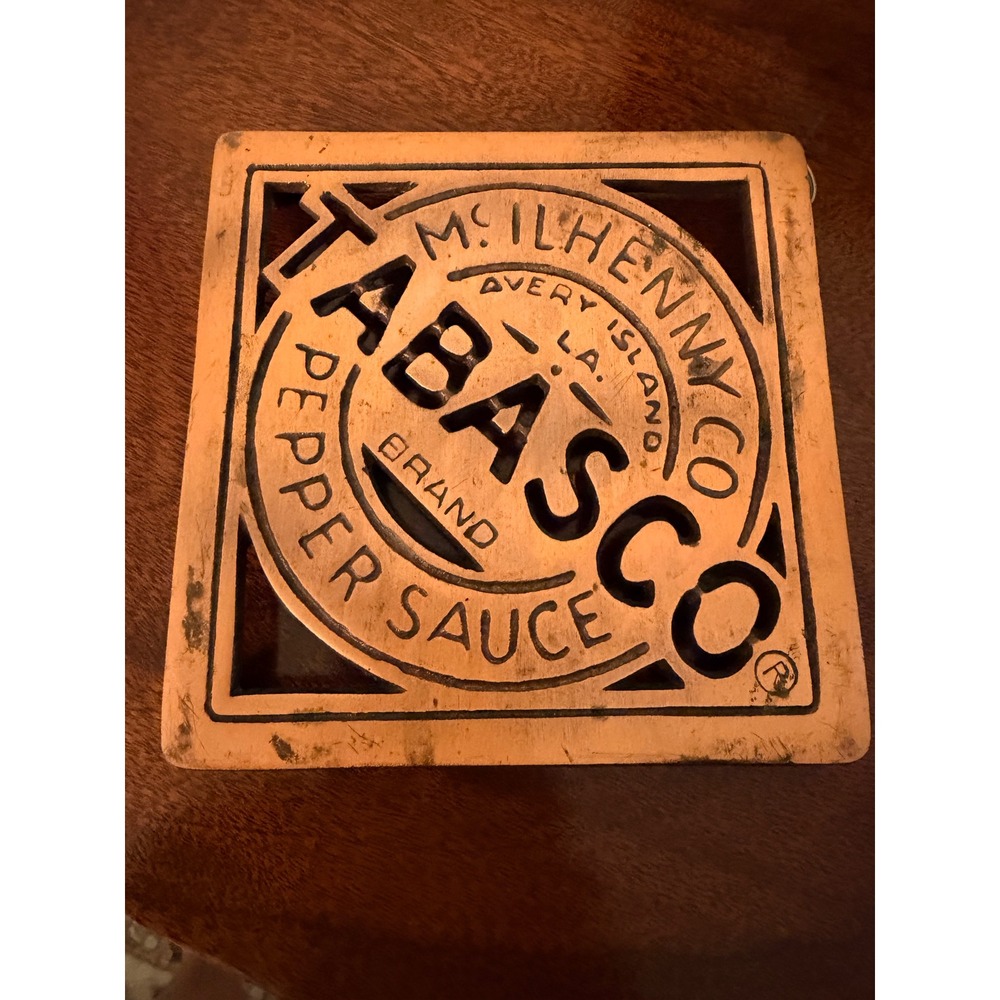 Tabasco  Cast Iron Trivet wall hanger  5.5in Copper Good Vintage  Co Kitchen